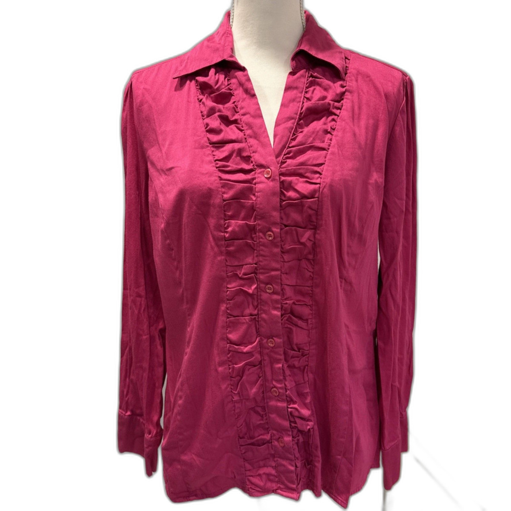 DressBarn Pink Long Sleeve Ruffle Button Down Size Large Top Blouse